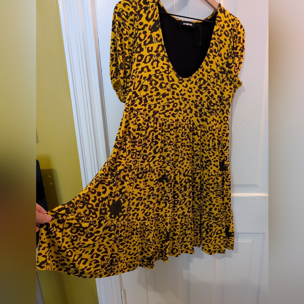 Desigual Leopard Babydoll Puff Sleeve Tiered Dress M - Picture 5 of 6